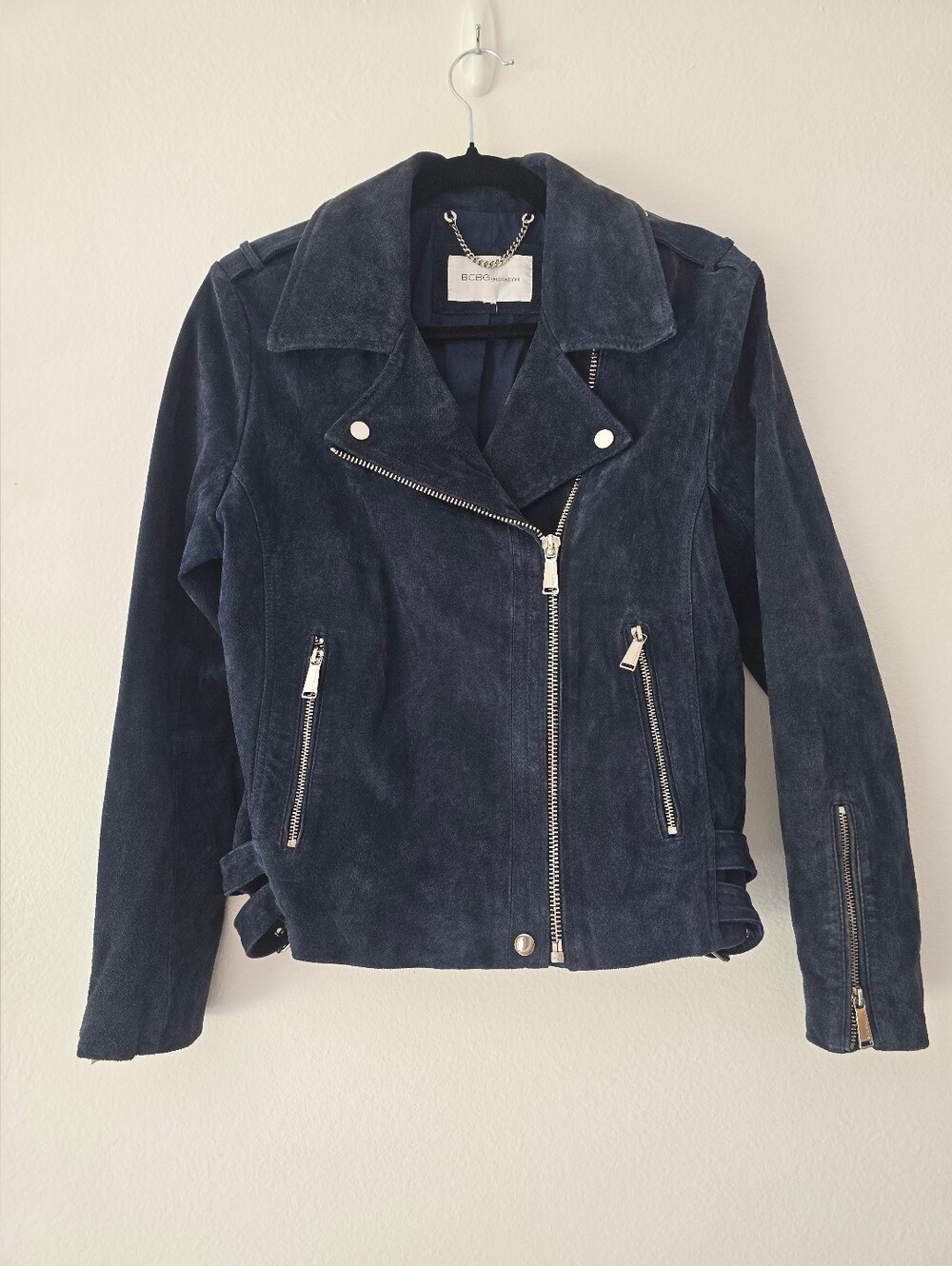 Suede Leather Moto Jacket - Navy Blue- BCBG